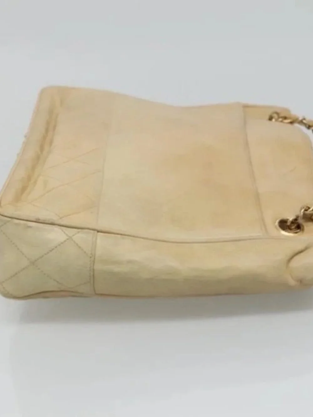 CHANEL Matelasse Chain Shoulder Bag Lamb Skin Beige CC Auth bs22414